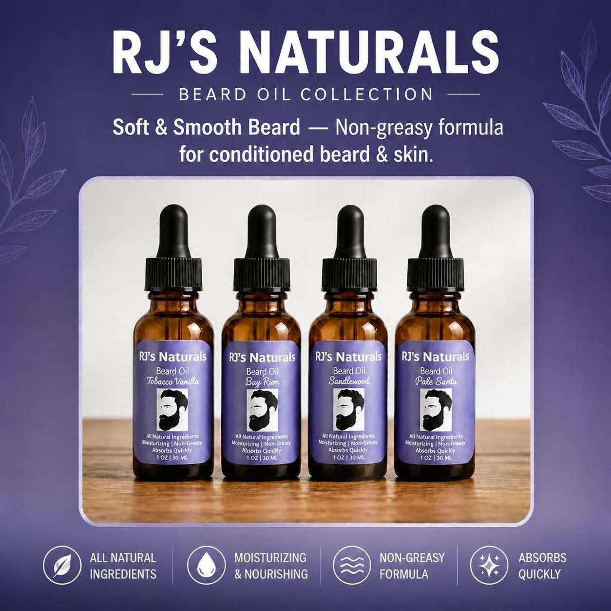 RJ's Naturals Plant-Based Beard Oil - 7 Scents including Tobacco Vanille & Sandalwood